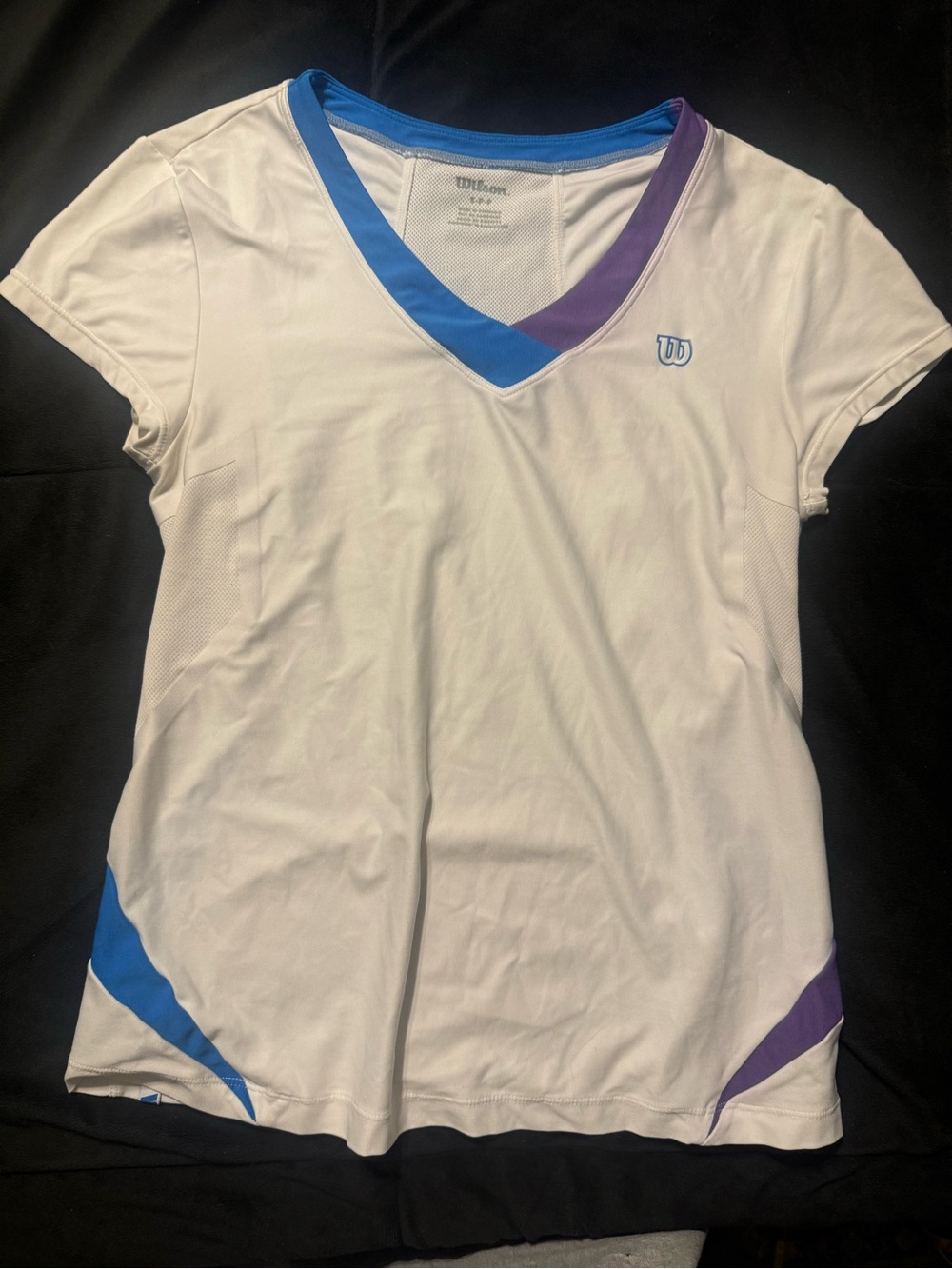 Wilson Women’s small Tennis Shirt White Blue Purple V Neck Athletic Top